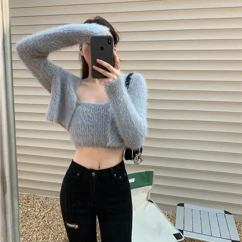 Two-Piece Camisole Knitted Vest with Long Sleeve Cropped Cardigan